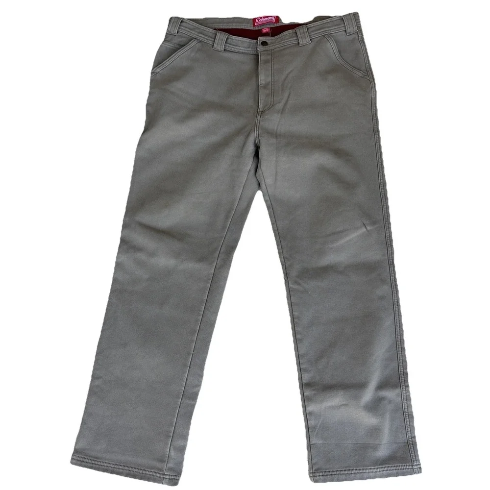 Coleman Red Fleece Lined Carpenter 38x32 Work Pants Khaki Tan Stretch Men's - Picture 3 of 7